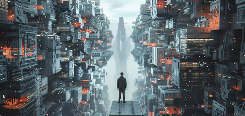Capture the urban explorers back facing a futuristic, nanotech cityscape emerging from desolation, using unexpected angles to reveal intricate details