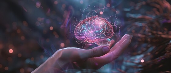 A hand holding a holographic brain represents futuristic thinking in neuroscience and mental health awareness, sharpening banner template with copy space on center