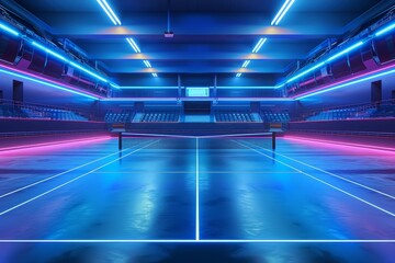 A futuristic tennis stadium bathed in neon lights, showcasing an empty, hightech court with holographic line calls and expansive copy space