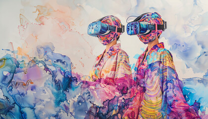 Fototapeta premium Illustrate a surreal watercolor scene blending virtual reality headsets seamlessly into high-end couture