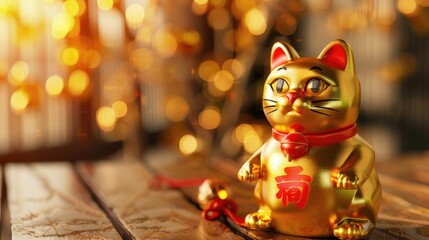 golden money cat on a wooden table. selective focus