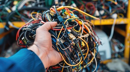 tangled wires in a person's hand. selective focus