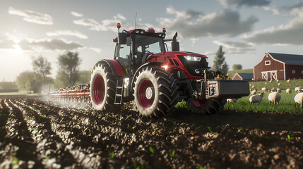 Obraz premium Tractor working in the field at sunset