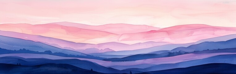 Watercolor illustration of a Wild West landscape at sunset, with rolling hills and distant mountains silhouetted against a sky painted in shades of pink and lavender --ar 19:6 Job ID: ada53099-75e8-4a - Powered by Adobe