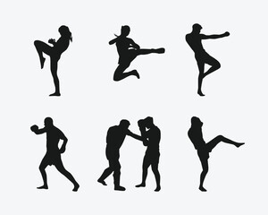 Muay Thai, kickboxing vector silhouettes set on white background. Different action, pose. Martial arts, sport. Graphic illustration.