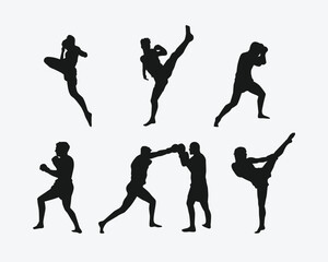 Muay Thai, kickboxing vector silhouettes set on white background. Different action, pose. Martial arts, sport. Graphic illustration.