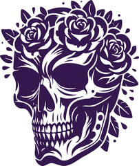 Flower adorned human skull in vector stencil