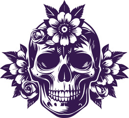 Human skull with flower embellishments in vector stencil format
