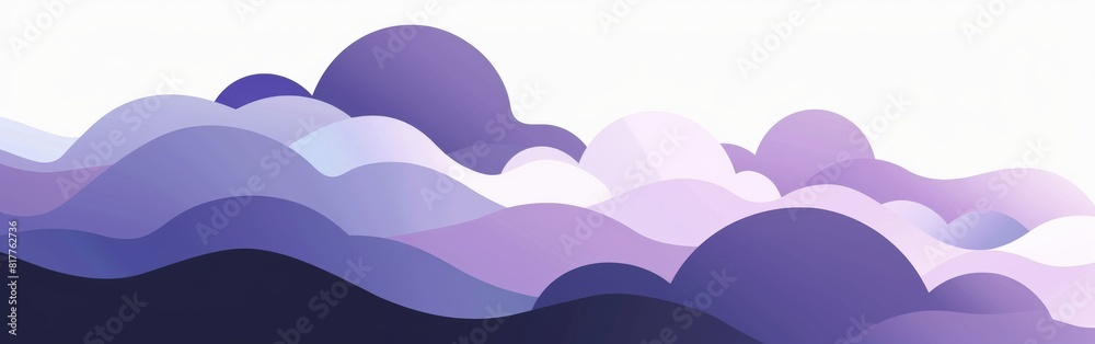 Poster A purple sky with clouds and a mountain range in the background. The sky is filled with clouds of different sizes and shapes, creating a sense of depth and movement