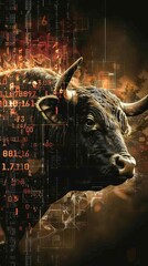 A bull with a face made of numbers and letters. The bull is surrounded by a lot of numbers and letters, which gives the image a sense of chaos and confusion. The bull's eyes are staring straight ahead