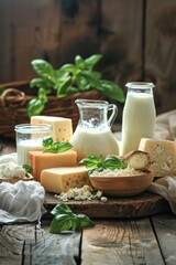 dairy products and cheese on the table. selective focus
