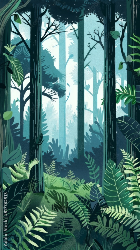 Poster a painting of a forest with trees and ferns. the mood of the painting is peaceful and serene