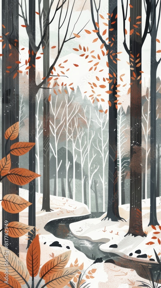 Poster a painting of a forest with a river running through it. the trees are bare and the leaves are fallin