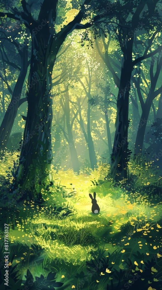 Poster a rabbit is standing in a lush green forest. the scene is peaceful and serene, with the sunlight fil