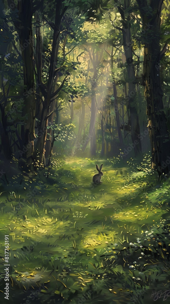 Poster A rabbit is walking through a forest with sunlight shining through the trees. Scene is peaceful and serene, as the rabbit moves through the lush green grass