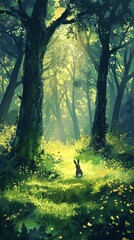 A rabbit is standing in a lush green forest. The scene is peaceful and serene, with the sunlight filtering through the trees and casting a warm glow on the grass