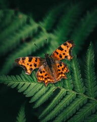 Small butterfly perched atop a vibrant green leaf.
