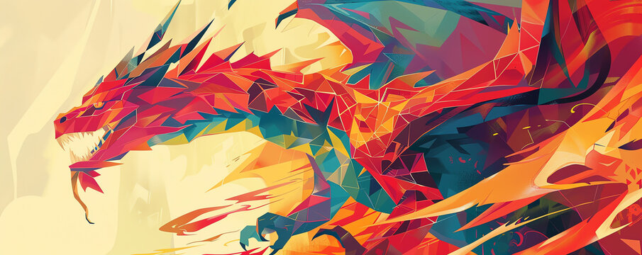 Craft a minimalist composition showcasing a fierce dragon from a high angle, utilizing bold geometric shapes and vibrant, fiery hues to convey a modern, abstract interpretation
