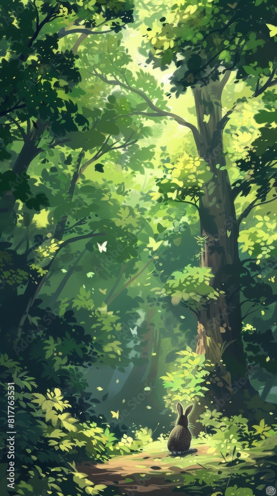 Poster A rabbit is sitting in a forest with trees and leaves