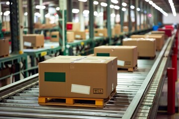 A conveyor belt in a factory transporting boxes along the production line