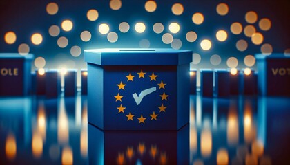 Blaue Box als Wahlurne  mit Europaflagge und einem Haken, Europawahl 2024