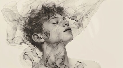 Fototapeta premium Abstract depiction of a person's face with swirling lines and smoke effects. Digital art portrait for creative design and print.