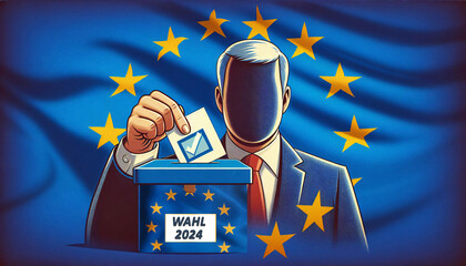 Ein gesichtsloser Mann hält einen Wahlzettel über eine Urne, Hintergrund Europaflagge