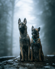 Two adorable dogs sitting side by side in a peaceful forest.