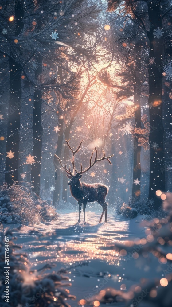 Poster a deer is standing in the snow in a forest. the image has a peaceful and serene mood, with the deer 