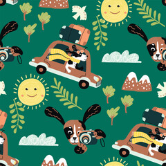 Funny seamless pattern with dog traveling by car.Cartoon character driving and taking pictures, smiling sun, mountains, trees, birds and clouds.Colorful vector design for printing on fabric and paper.