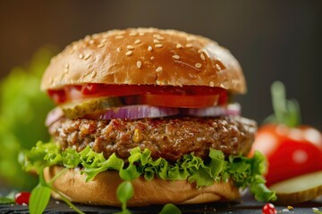 Close up photo of hamburger on a table, editable space with blurred background