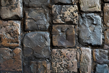 A top-down view of a cobblestone street, with the irregularly shaped stones creating a textured pattern.