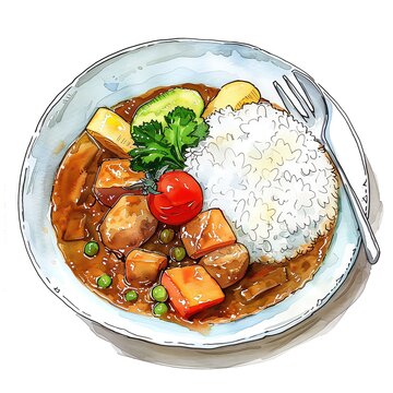recommend clip art: A plate of Japanese curry with rice. The curry is made with beef, potatoes, carrots, and onions. The rice is topped with a tomato and parsley.