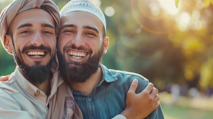 Fototapeta premium Two young Asian Muslim men with beards hug and share the happiness of welcoming the Muslim Eid al-Fitr holiday. Outdoors in the morning.
