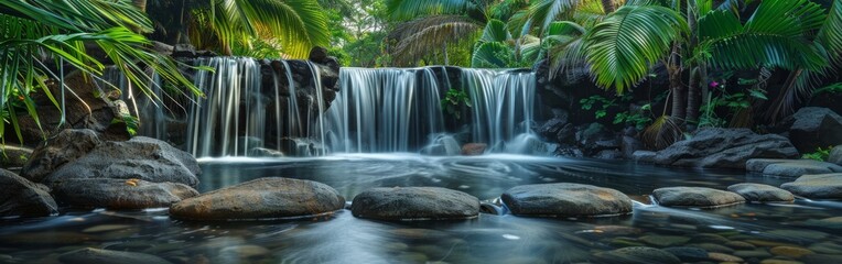 A waterfall is flowing into a pond with rocks and plants. The water is calm and clear, and the rocks are scattered around the pond. The scene is peaceful and serene