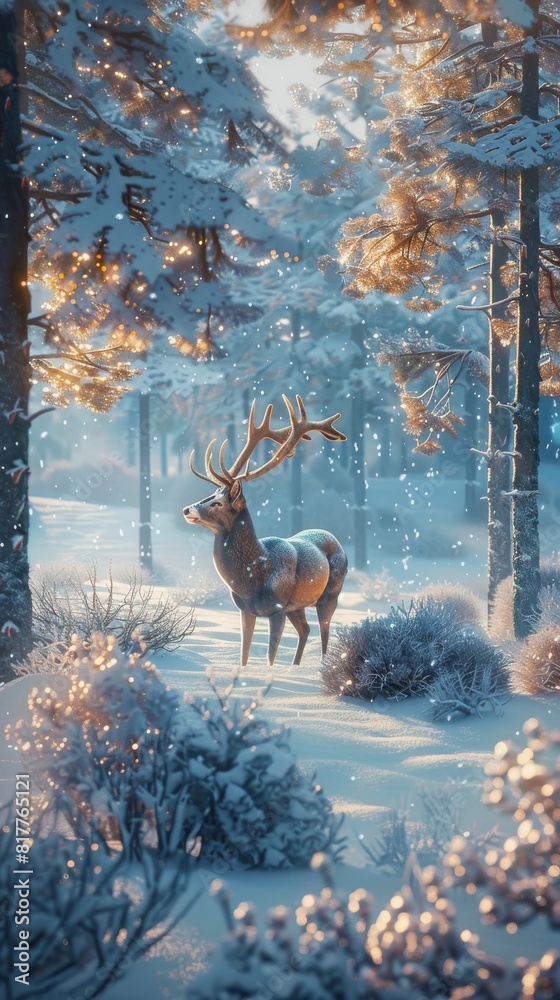 Poster a deer is standing in the snow in a forest. the image has a peaceful and serene mood, with the deer 