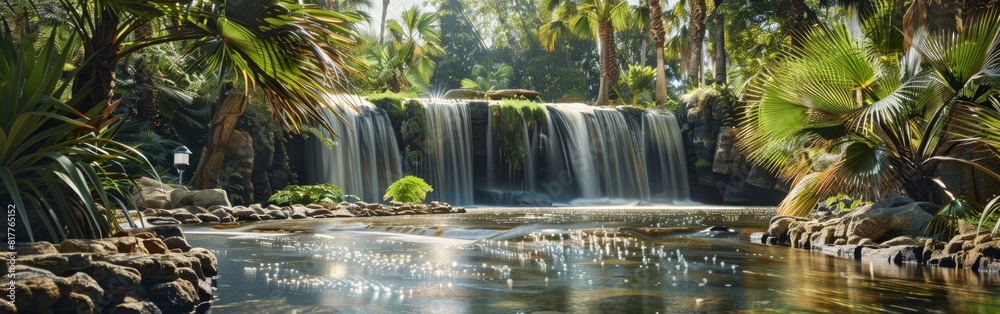 Poster A waterfall is flowing into a pond with palm trees in the background. The water is calm and the sunlight is shining on it, creating a peaceful and serene atmosphere