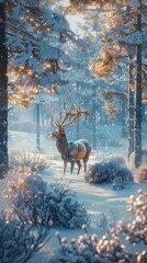 A deer is standing in the snow in a forest. The image has a peaceful and serene mood, with the deer being the main focus of the scene