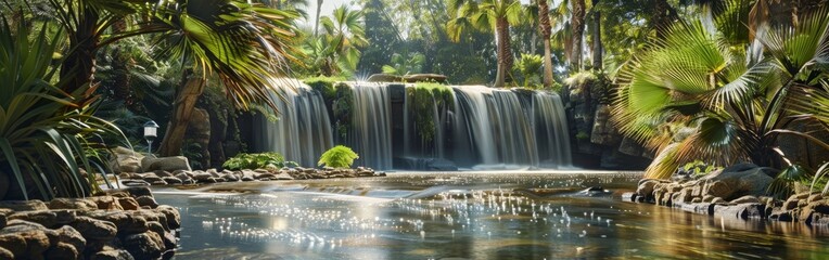 A waterfall is flowing into a pond with palm trees in the background. The water is calm and the sunlight is shining on it, creating a peaceful and serene atmosphere