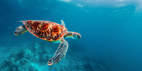 the green sea turtle swimming underwater, clear ocean water seabed, copy space for text