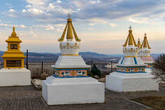 Stupas (suburgan, chorten) on the territory of the datsan &ldquo;Rinpoche Bagsha&rdquo;, Ulan-Ude city, Republic of Buryatia, Russia - April 30, 2023. Buddhist architectural and sculptural religious building.