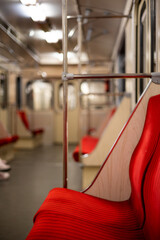 Subway car interior. Empty subway carriage, inside modern metro train. Window and seats of metro...
