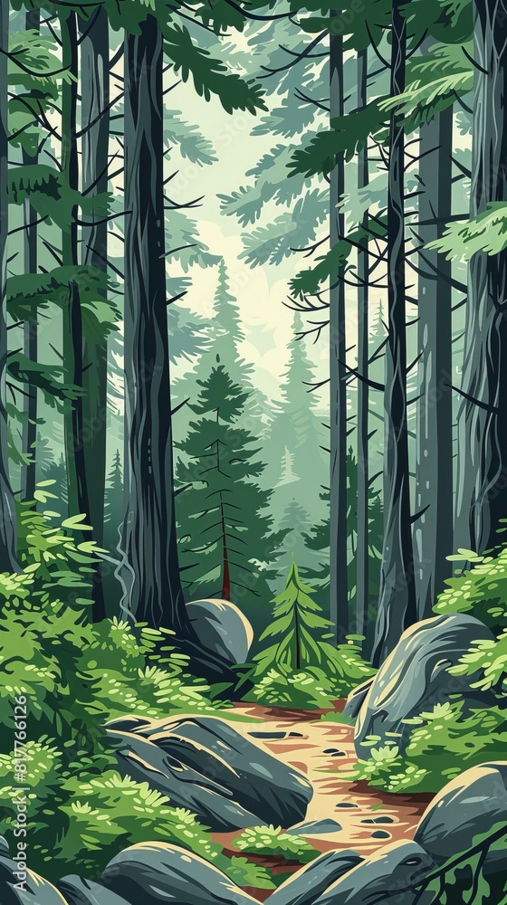 Poster A forest with a path through it and a tree in the middle