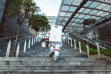 Cinematic fiction image of a modern astronaut roaming in a city on planet earth. concept about...