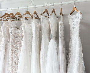 Many wedding dress hanging on the hang in the wedding shop, studio shot against a pale white background.