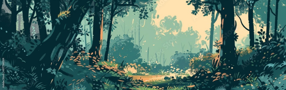 Poster A forest scene with trees and a path