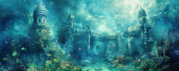 Immerse viewers in the ethereal beauty of underwater worlds crafted in vivid watercolors, showcasing surreal marine life intertwining with ancient architectural wonders