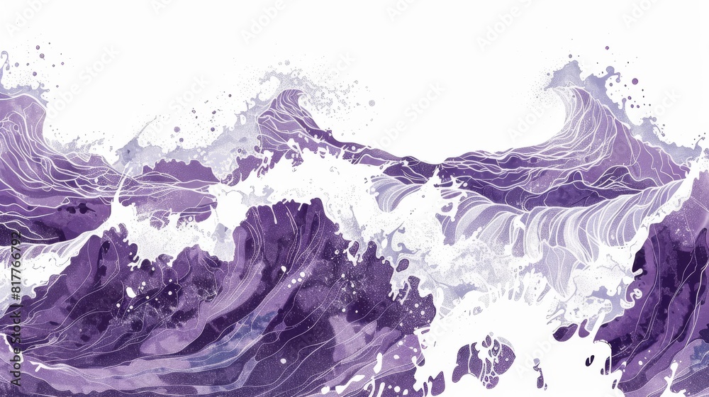 Poster A wave with purple and white colors. The wave is crashing against the shore, creating a sense of movement and energy. The colors of the wave and the water create a calming and serene mood