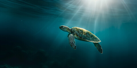 the green sea turtle swimming underwater, clear ocean water seabed, copy space for text