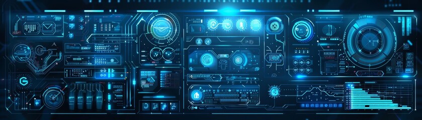 Fototapeta premium An illustrated digital interface with glowing blue circuit patterns and various abstract technological elements The background features a clean gradient from dark to light blue